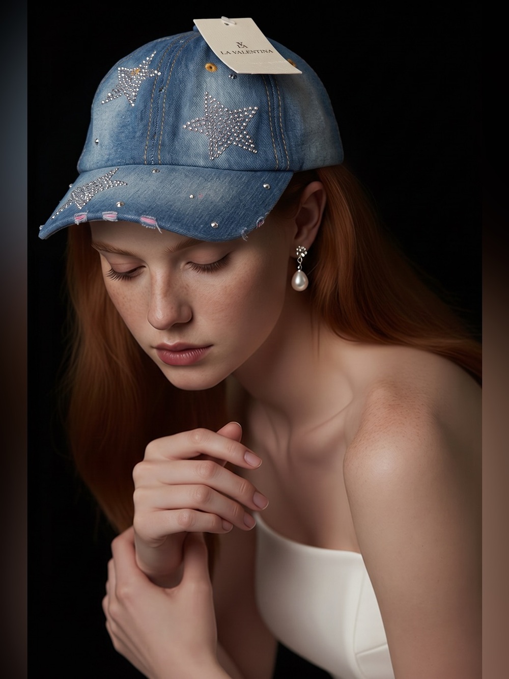 La Valentina Denim Bling Baseball Hat with Silver Stars